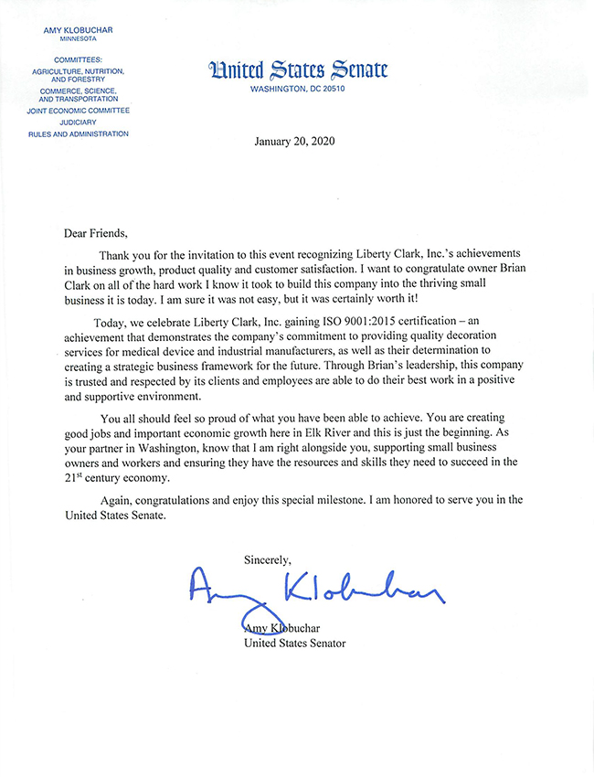 Letter of congratulations from Senator Amy Klobuchar