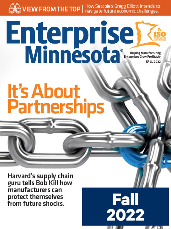 Cover design for the fall 2022 issue of Enterprise Minnesota magazine showing the headline, "It's about partnerships."