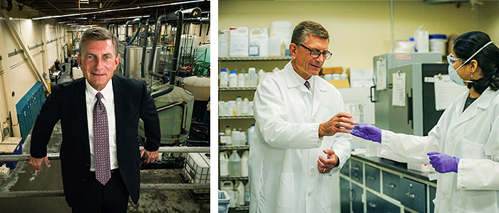 Seacole's Gregg Elliott in the lab with a chemical scientist. 