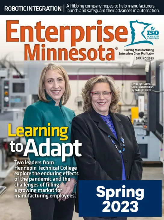 Cover of Enterprise Minnesota magazine, spring 2023 issue, featuring leaders from Hennepin Technical College