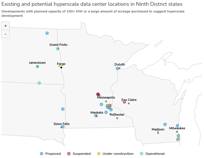 Existing and potential hyperscale data center locations in Ninth District states. Minneapolis Federal Reserve, 2025.