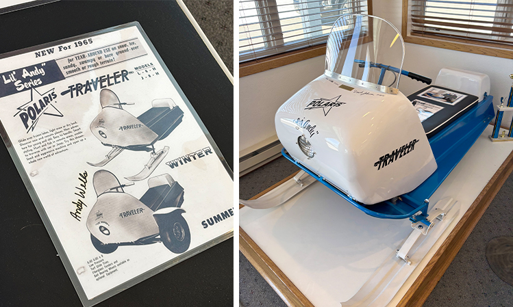 A side-by-side image showing a 1965 Polaris Traveler "Lil' Andy Series" advertisement signed by Andy Wells alongside the actual small white and blue Polaris Traveler snowmobile on display at Wells Technology.