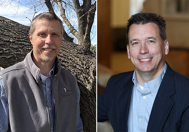 Side-by-side portraits of Enterprise Minnesota business growth consultants Steve Haarstad, pictured outdoors near a large tree, and Keith Gadacz, pictured in a professional indoor setting.