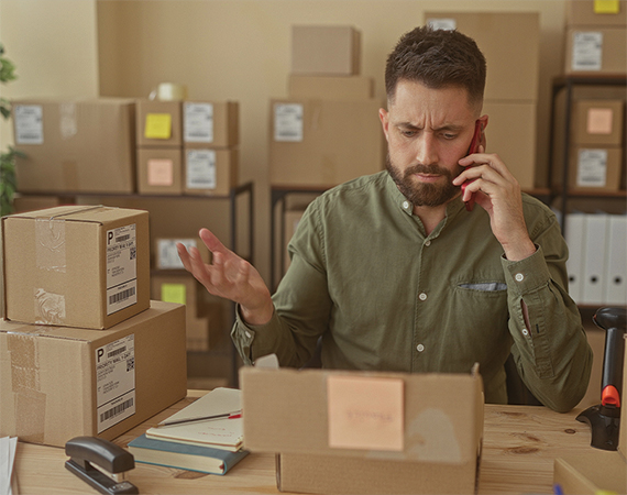A frustrated small business owner talks on the phone while sitting at a desk surrounded by stacked shipping boxes and paperwork in a warehouse storage room.