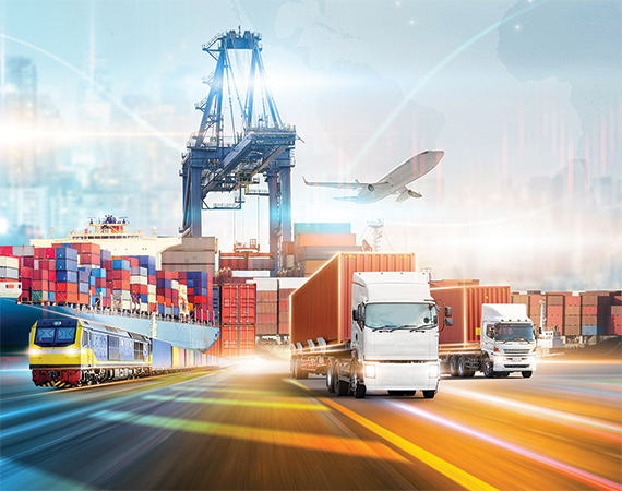 Illustration of global cargo transport, including a ship, train, trucks, and airplane moving shipping containers.