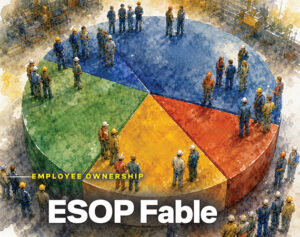 Watercolor illustration of workers in hard hats standing on a multi-colored pie chart, representing employee ownership.