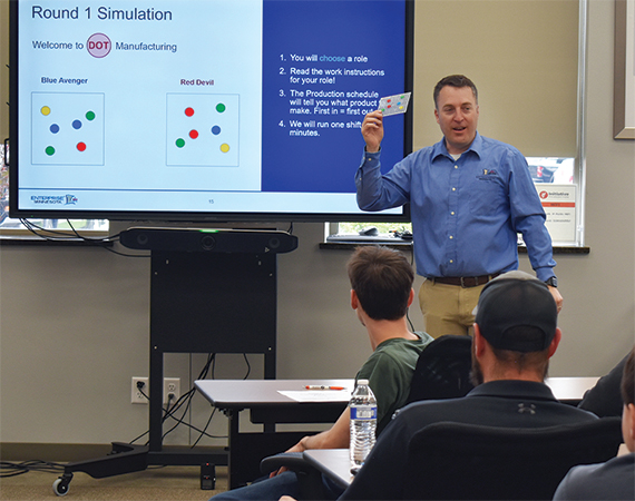 Ryan Steinert leading a lean manufacturing workshop, presenting a Round 1 simulation to participants.